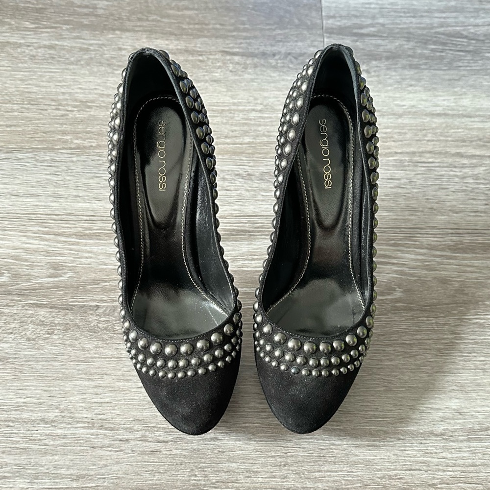 Sergio Rossi Black Suede Silver Studded Platform Pumps - Picture 5 of 13